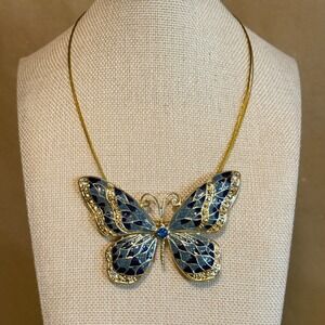 Blue Enamel Butterfly Statement Necklace Gold Tone Rhinestone Multi Strand Cord
